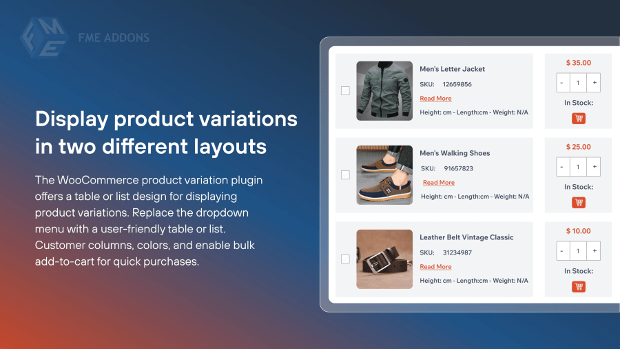 Product Variation table for woocommerce